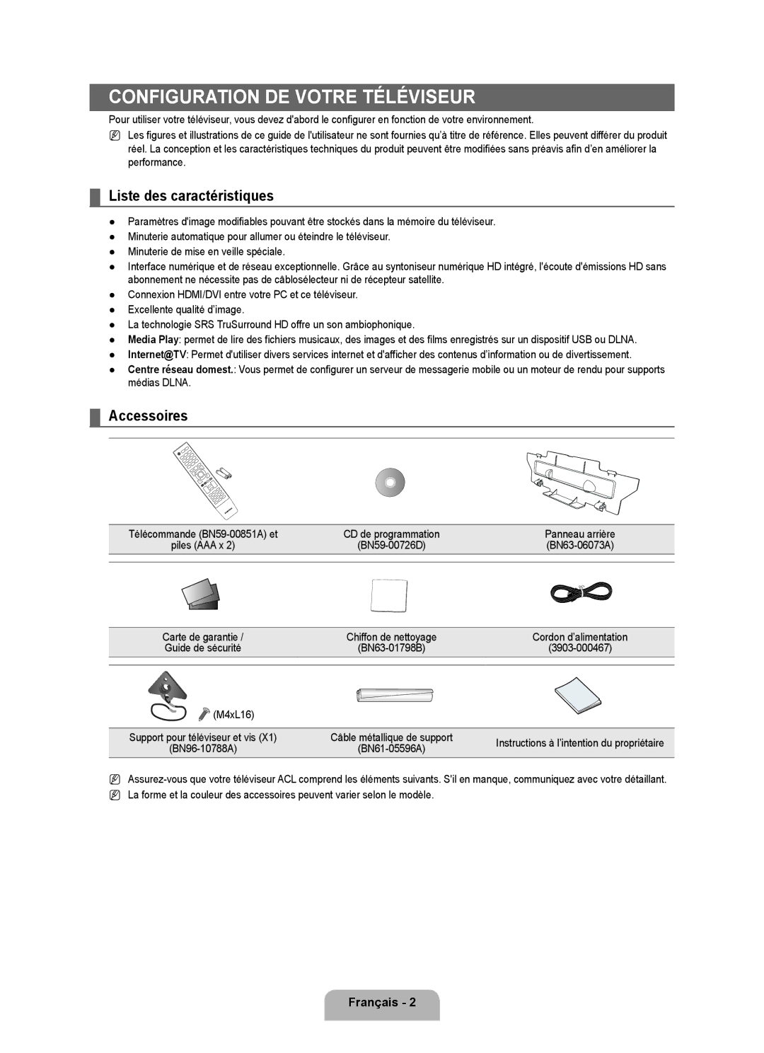 Samsung LN6B60 user manual Configuration de votre téléviseur, Liste des caractéristiques, Accessoires, Panneau arrière 