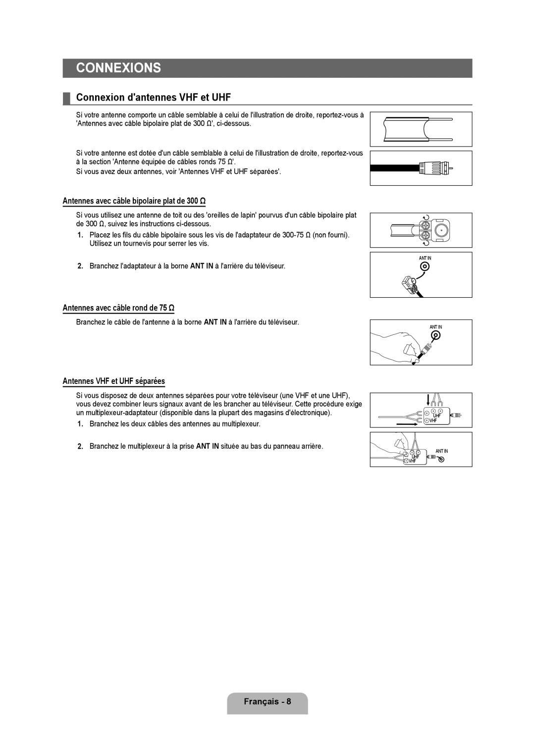 Samsung LN6B60 user manual Connexions, Connexion dantennes VHF et UHF, Antennes avec câble bipolaire plat de 300 Ω 