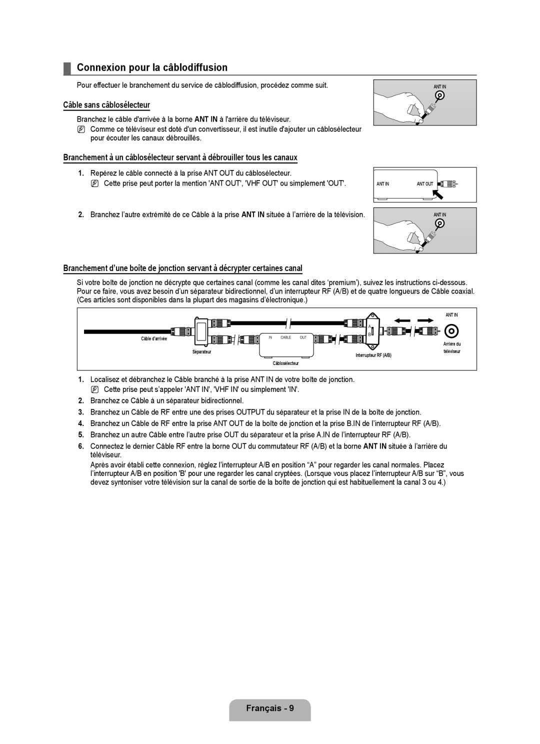 Samsung LN6B60 user manual Connexion pour la câblodiffusion, Câble sans câblosélecteur 