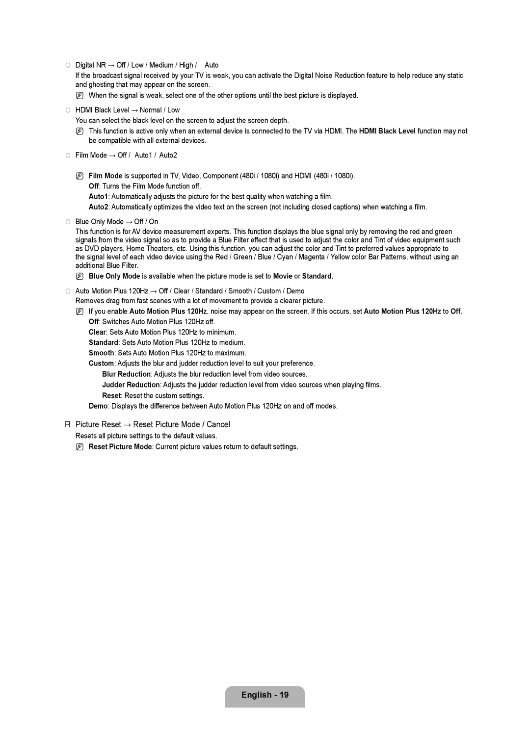 Samsung LN6B60 user manual Picture Reset → Reset Picture Mode / Cancel, Digital NR → Off / Low / Medium / High / Auto 