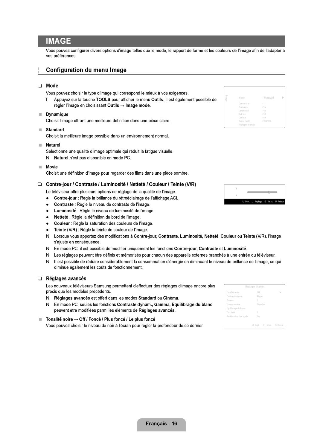 Samsung LN6B60 user manual Configuration du menu Image, Réglages avancés, Dynamique, Naturel 