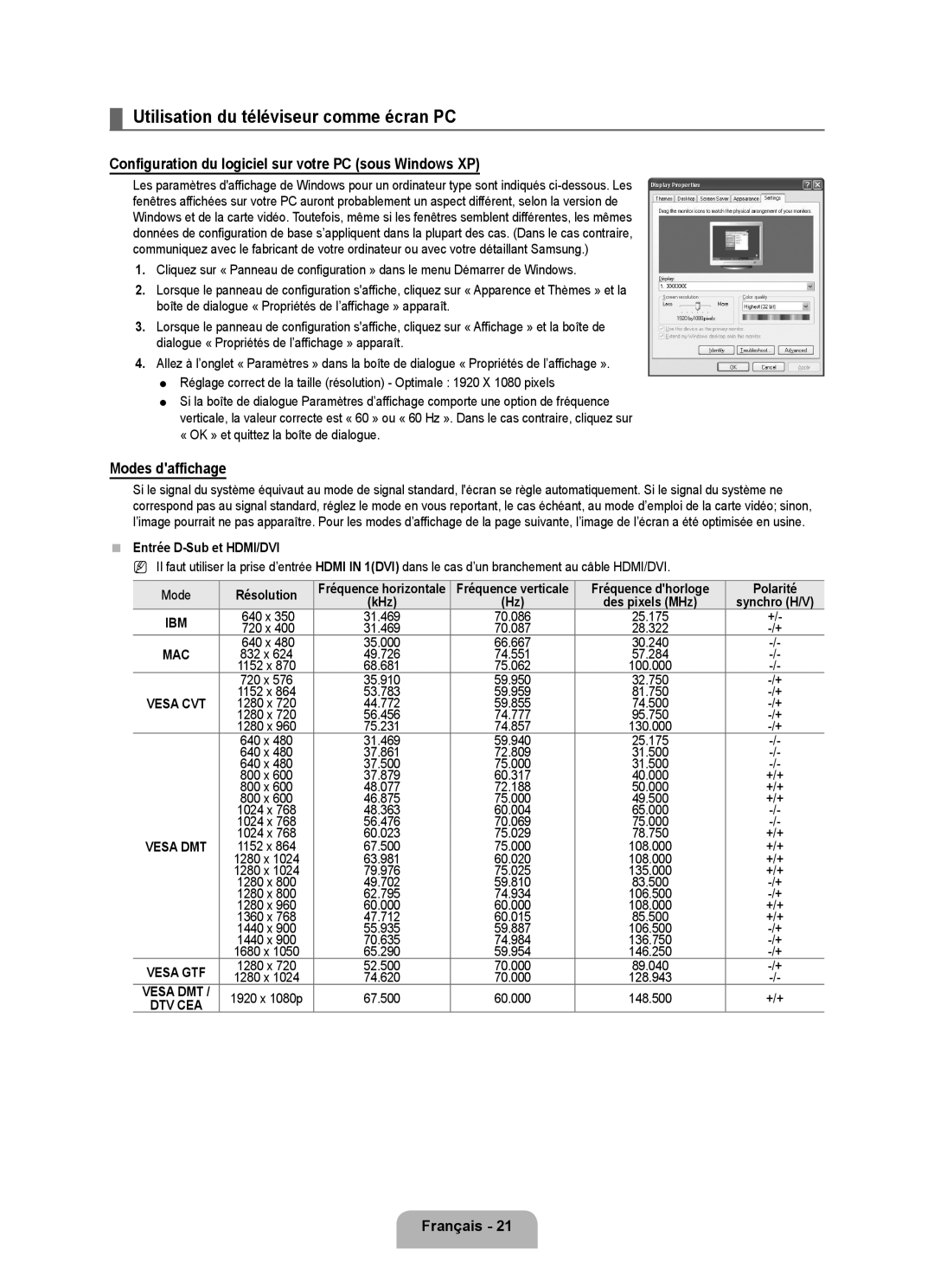 Samsung LN6B60 user manual Utilisation du téléviseur comme écran PC, Configuration du logiciel sur votre PC sous Windows XP 