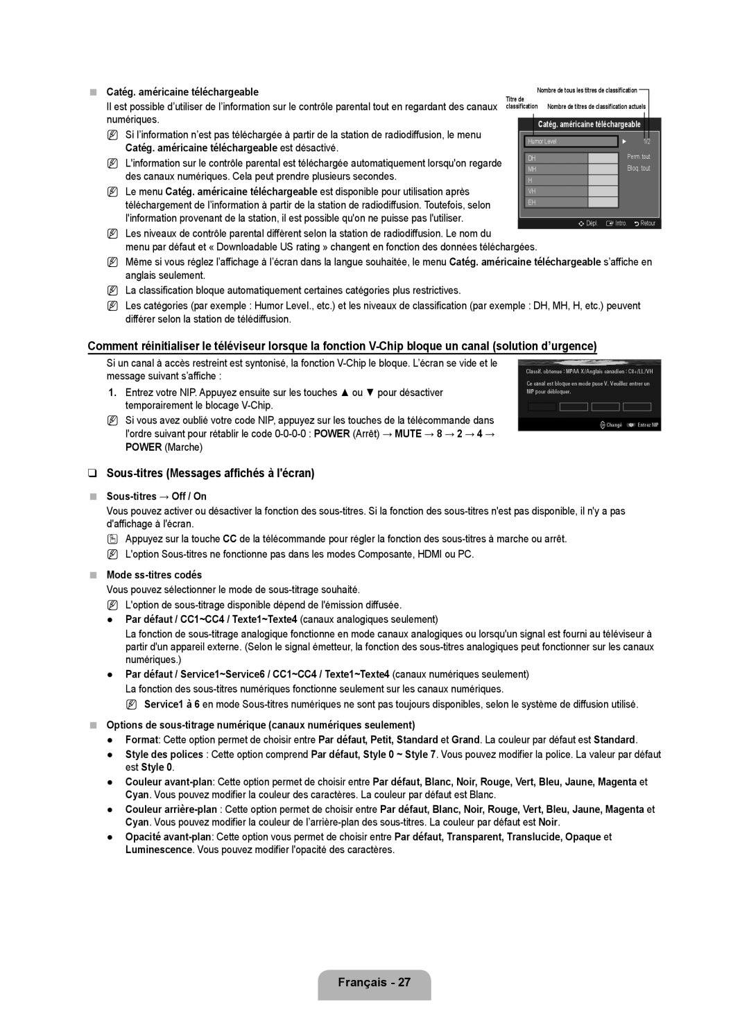 Samsung LN6B60 user manual Sous-titres Messages affichés à lécran, Sous-titres → Off / On, Mode ss-titres codés 