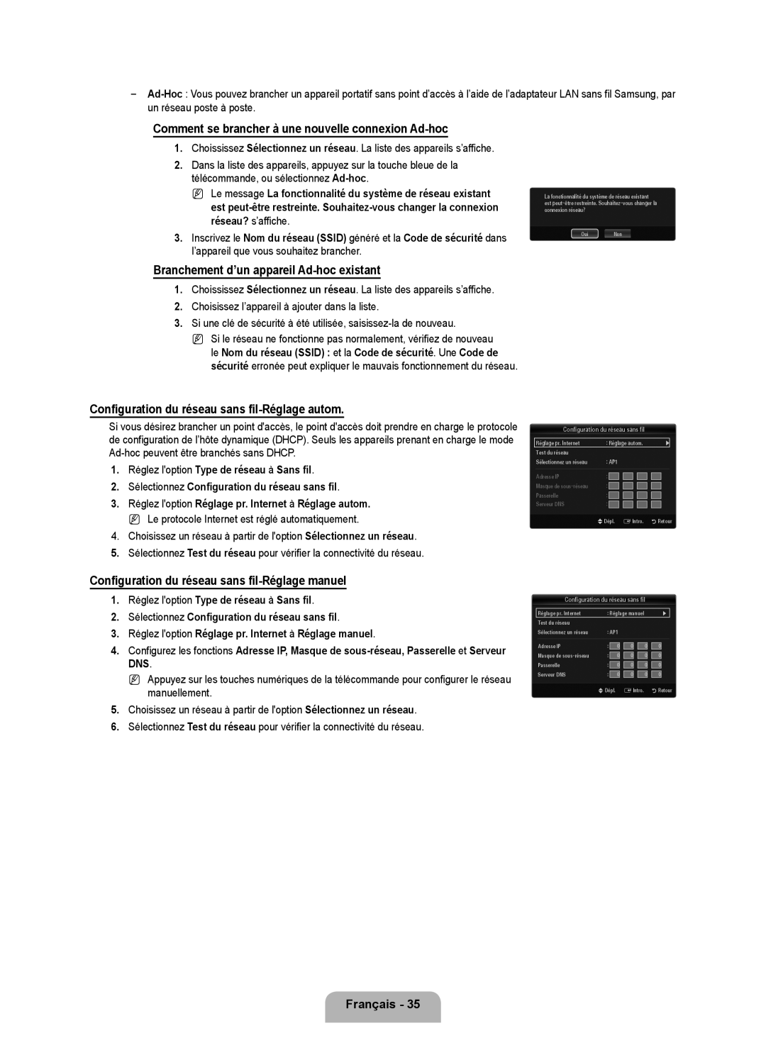 Samsung LN6B60 user manual Comment se brancher à une nouvelle connexion Ad-hoc, Branchement d’un appareil Ad-hoc existant 