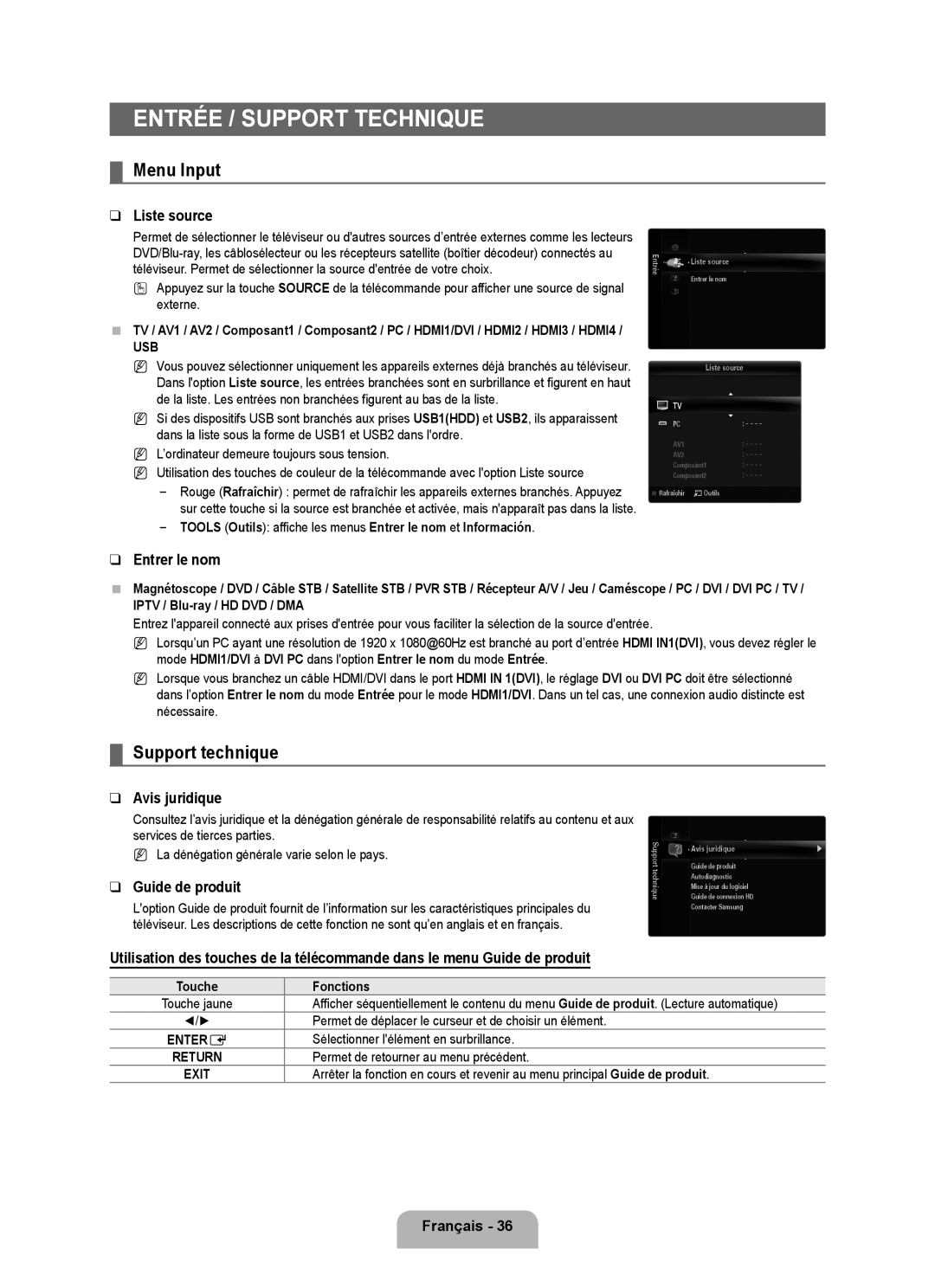 Samsung LN6B60 user manual Entrée / Support Technique, Menu Input, Support technique 