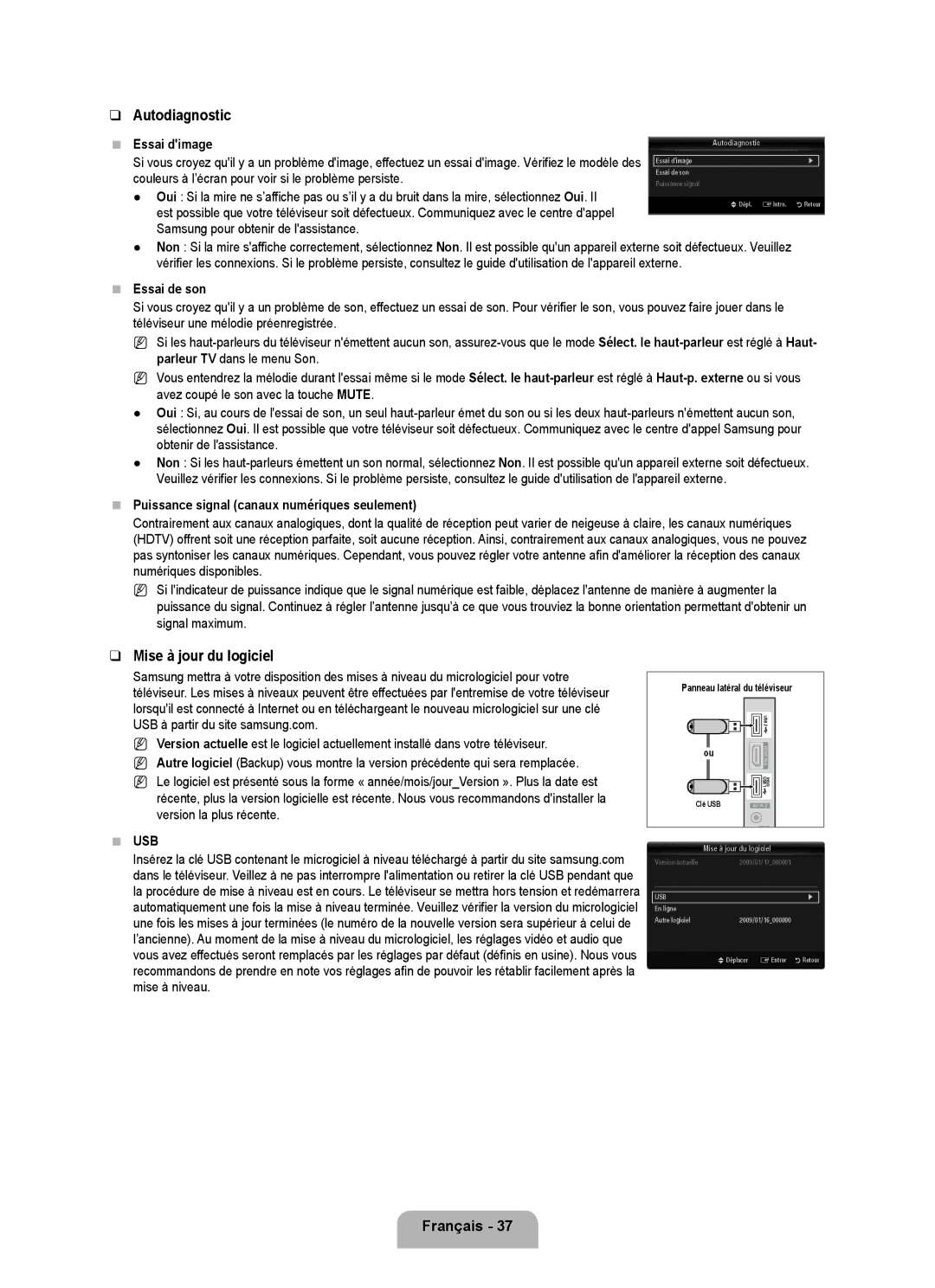 Samsung LN6B60 user manual Autodiagnostic, Mise à jour du logiciel, Essai dimage, Essai de son 