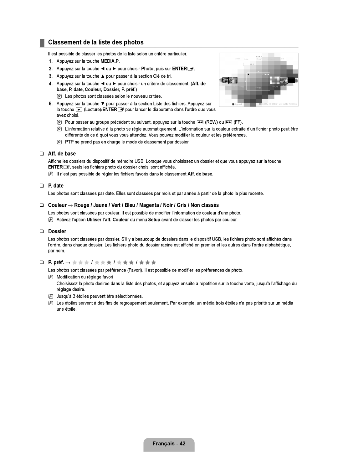 Samsung LN6B60 user manual Classement de la liste des photos, Aff. de base, Date, Dossier, Préf. → FFF / FFF / FFF / FFF 