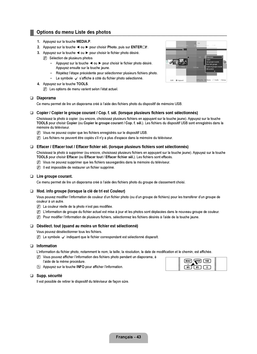 Samsung LN6B60 user manual Options du menu Liste des photos 