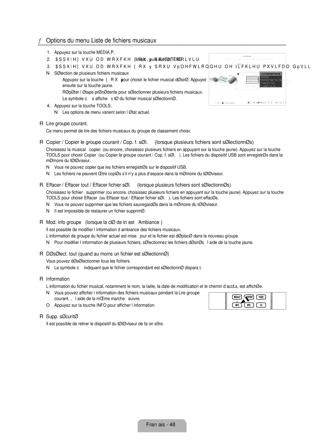 Samsung LN6B60 user manual Options du menu Liste de fichiers musicaux, Mod. info groupe lorsque la clé de tri est Ambiance 