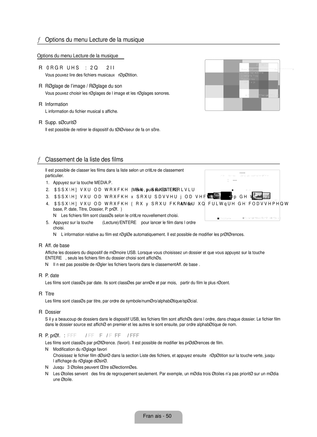 Samsung LN6B60 user manual Options du menu Lecture de la musique, Classement de la liste des films 