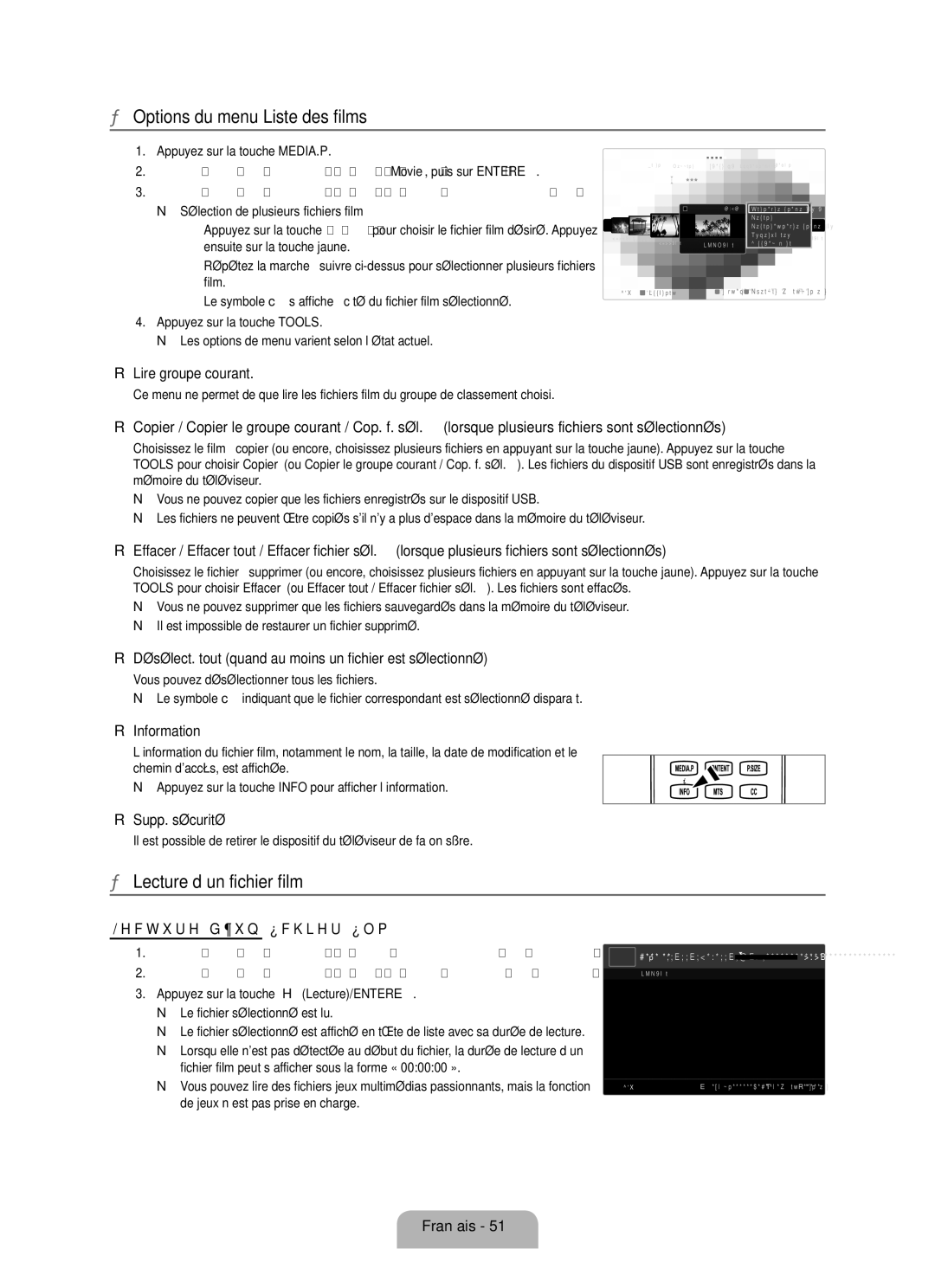 Samsung LN6B60 user manual Options du menu Liste des films, Lecture d’un fichier film 