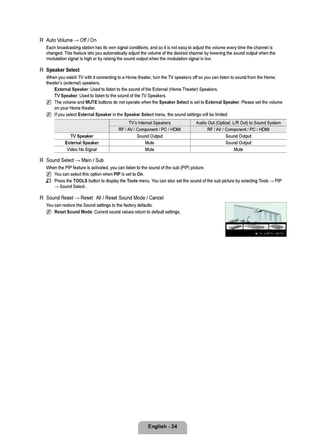 Samsung LN6B60 user manual Auto Volume → Off / On, Speaker Select, Sound Select → Main / Sub, → Sound Select 