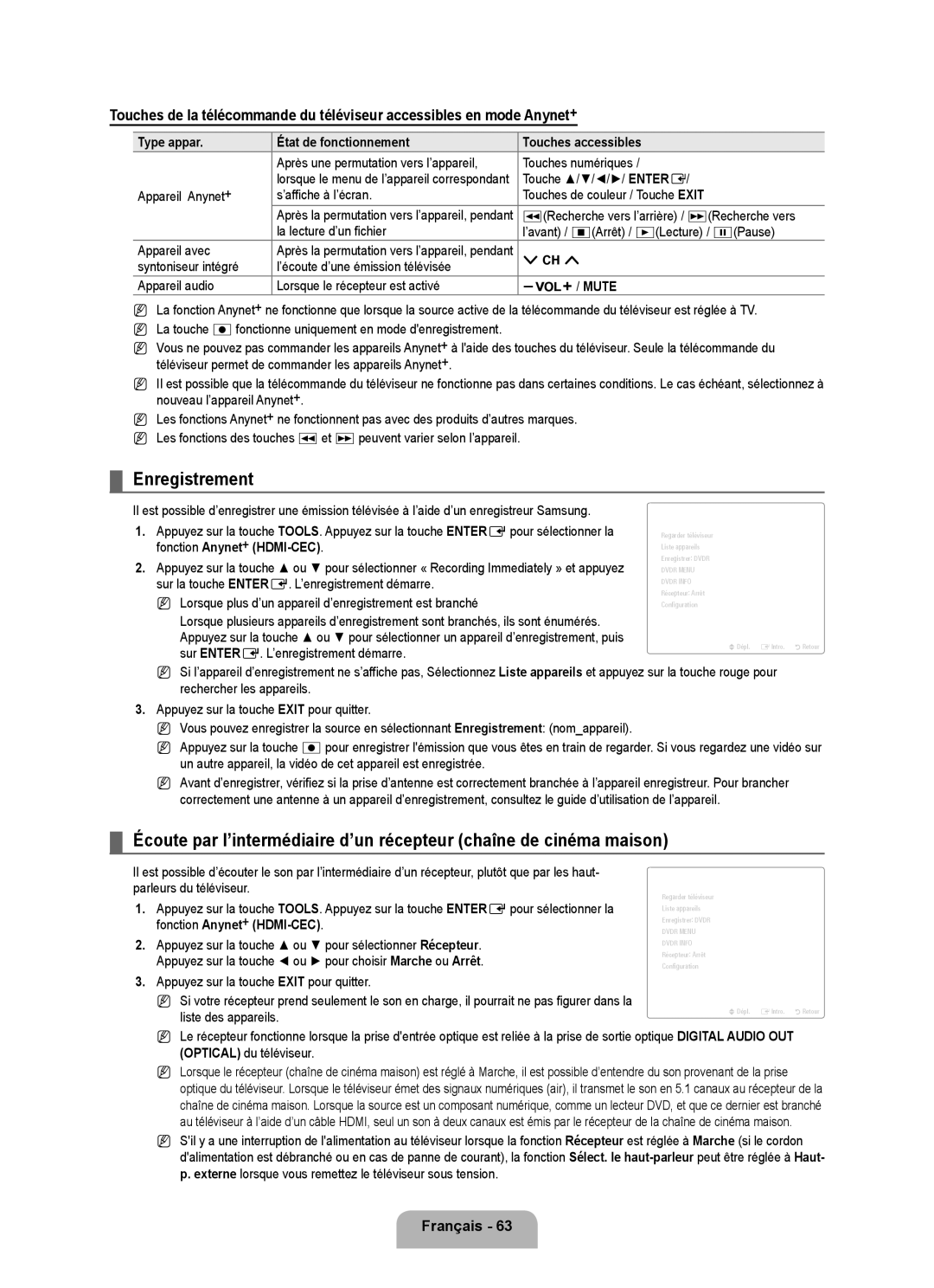 Samsung LN6B60 user manual Enregistrement, Type appar État de fonctionnement Touches accessibles, Touche //// Entere 