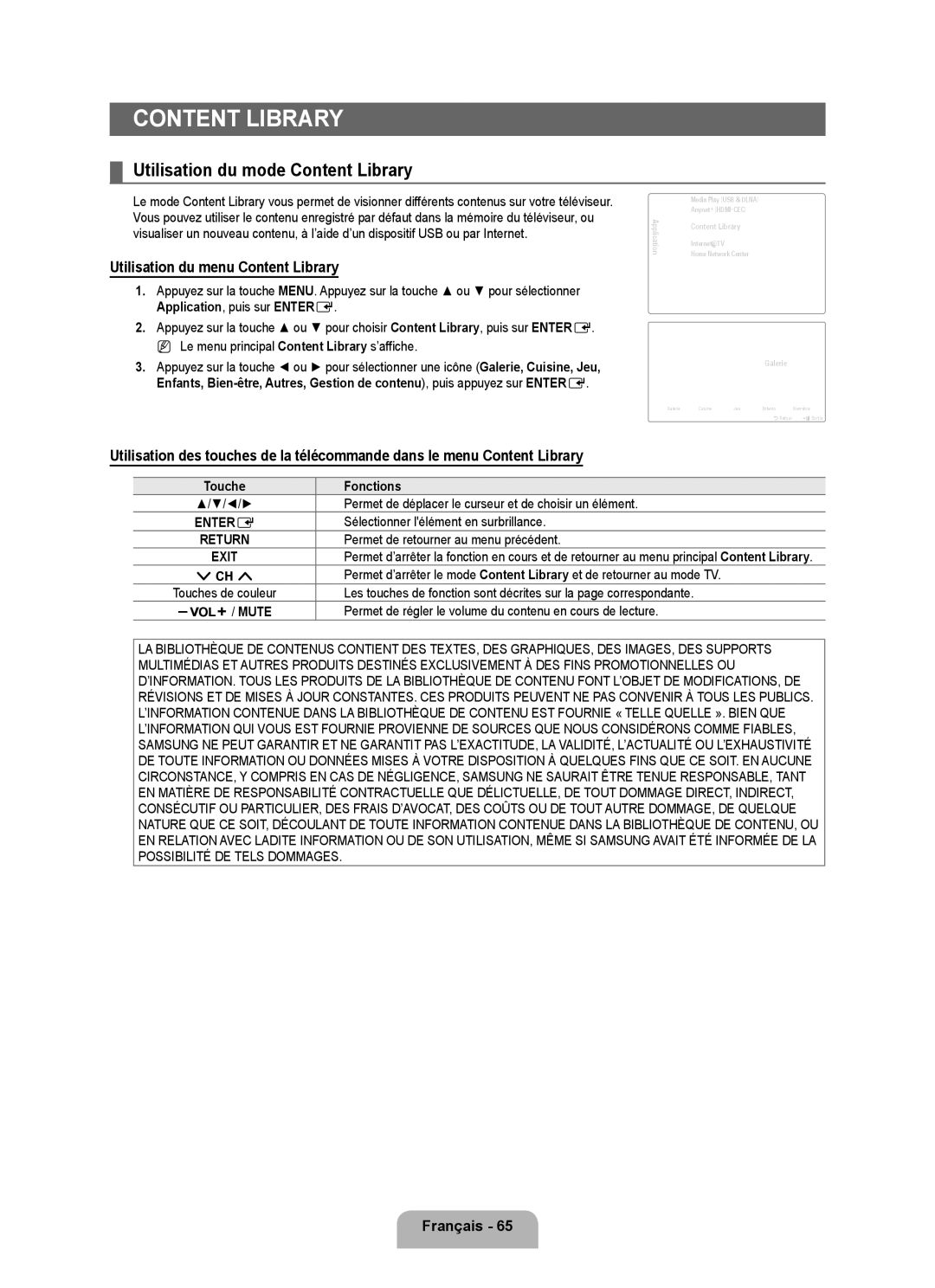 Samsung LN6B60 Content LIBRARy, Utilisation du mode Content Library, Utilisation du menu Content Library, Français 6 