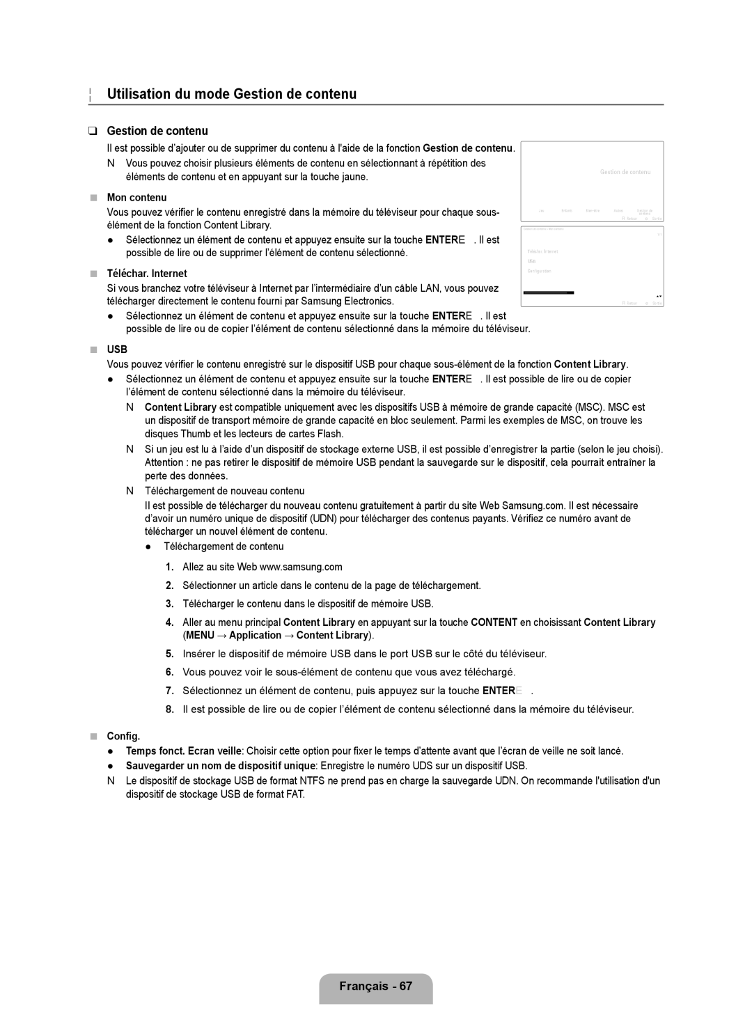 Samsung LN6B60 user manual Utilisation du mode Gestion de contenu, Mon contenu, Config 