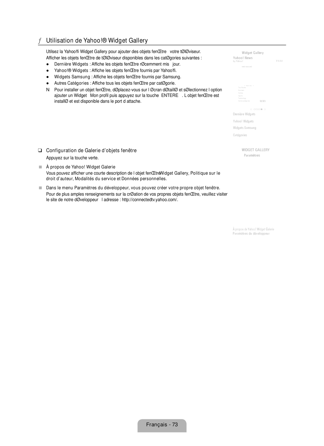 Samsung LN6B60 user manual Utilisation de Yahoo! Widget Gallery, Configuration de Galerie d’objets fenêtre 