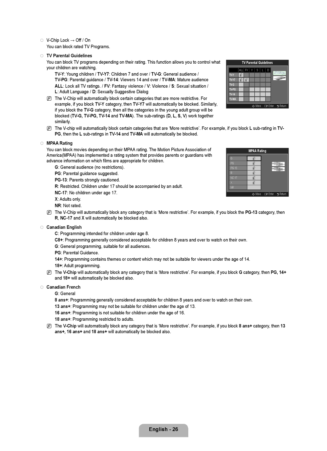 Samsung LN6B60 user manual Chip Lock → Off / On, TV Parental Guidelines, Mpaa Rating, Canadian English, Canadian French 