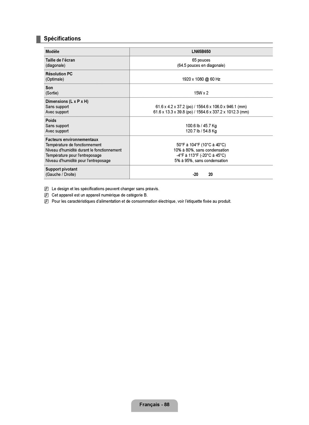 Samsung LN6B60 user manual Spécifications 