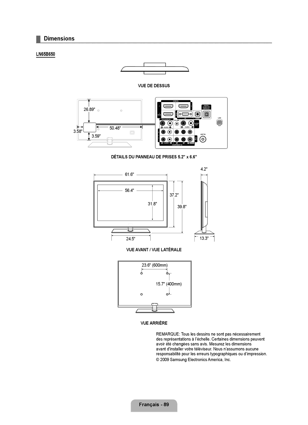 Samsung LN6B60 user manual VUE DE Dessus, Détails DU Panneau DE Prises 5.2 x, VUE Avant / VUE Latérale, VUE Arrière 