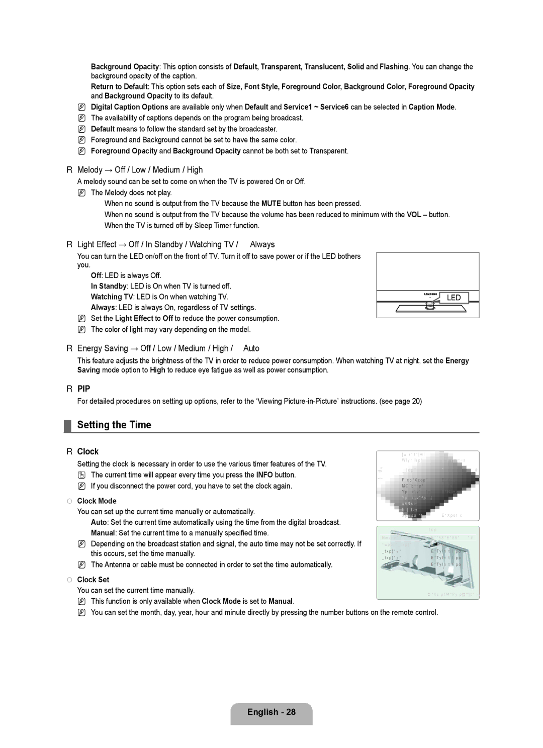 Samsung LN6B60 Setting the Time, Melody → Off / Low / Medium / High, Energy Saving → Off / Low / Medium / High / Auto 