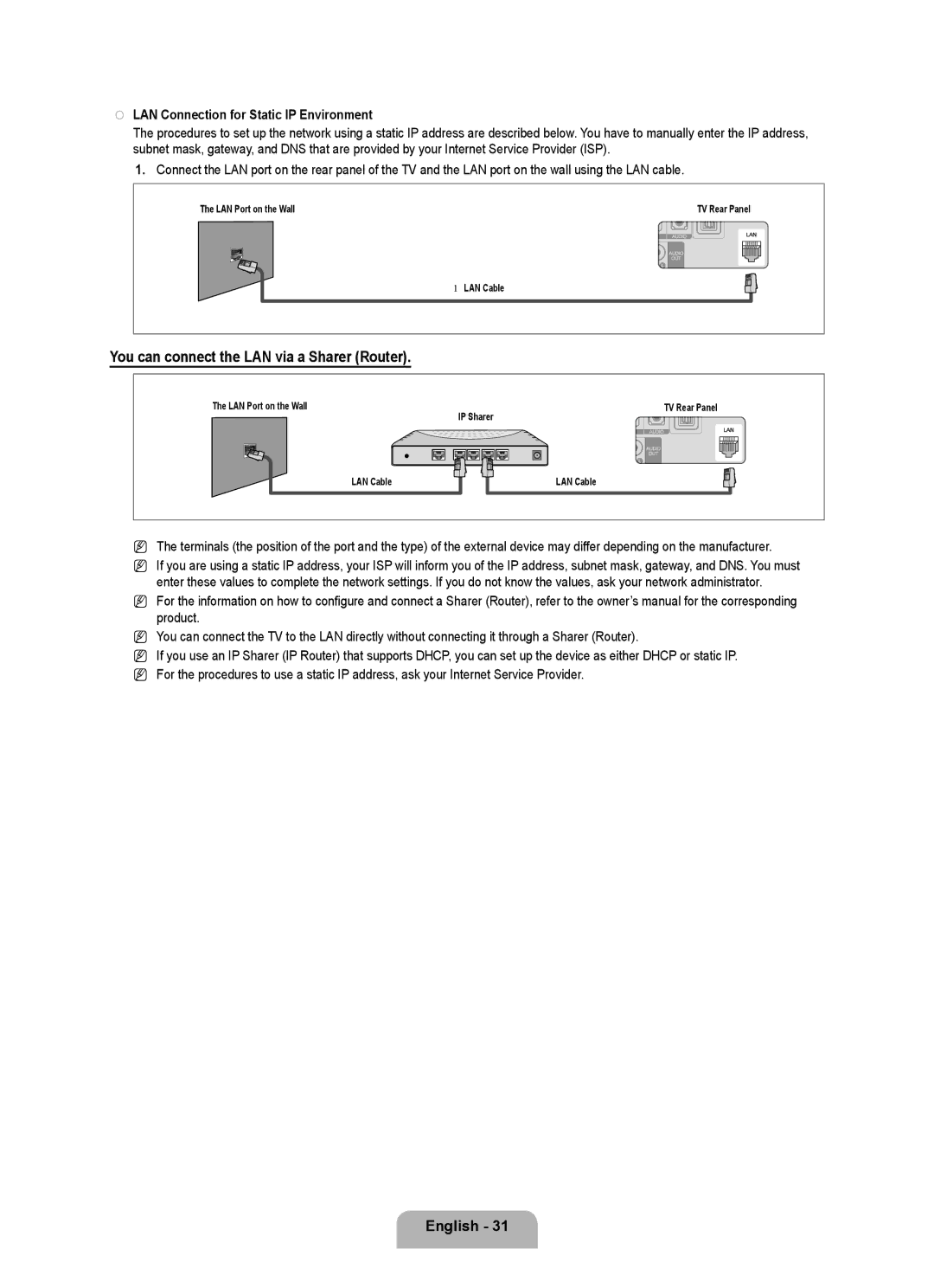Samsung LN6B60 user manual LAN Connection for Static IP Environment 