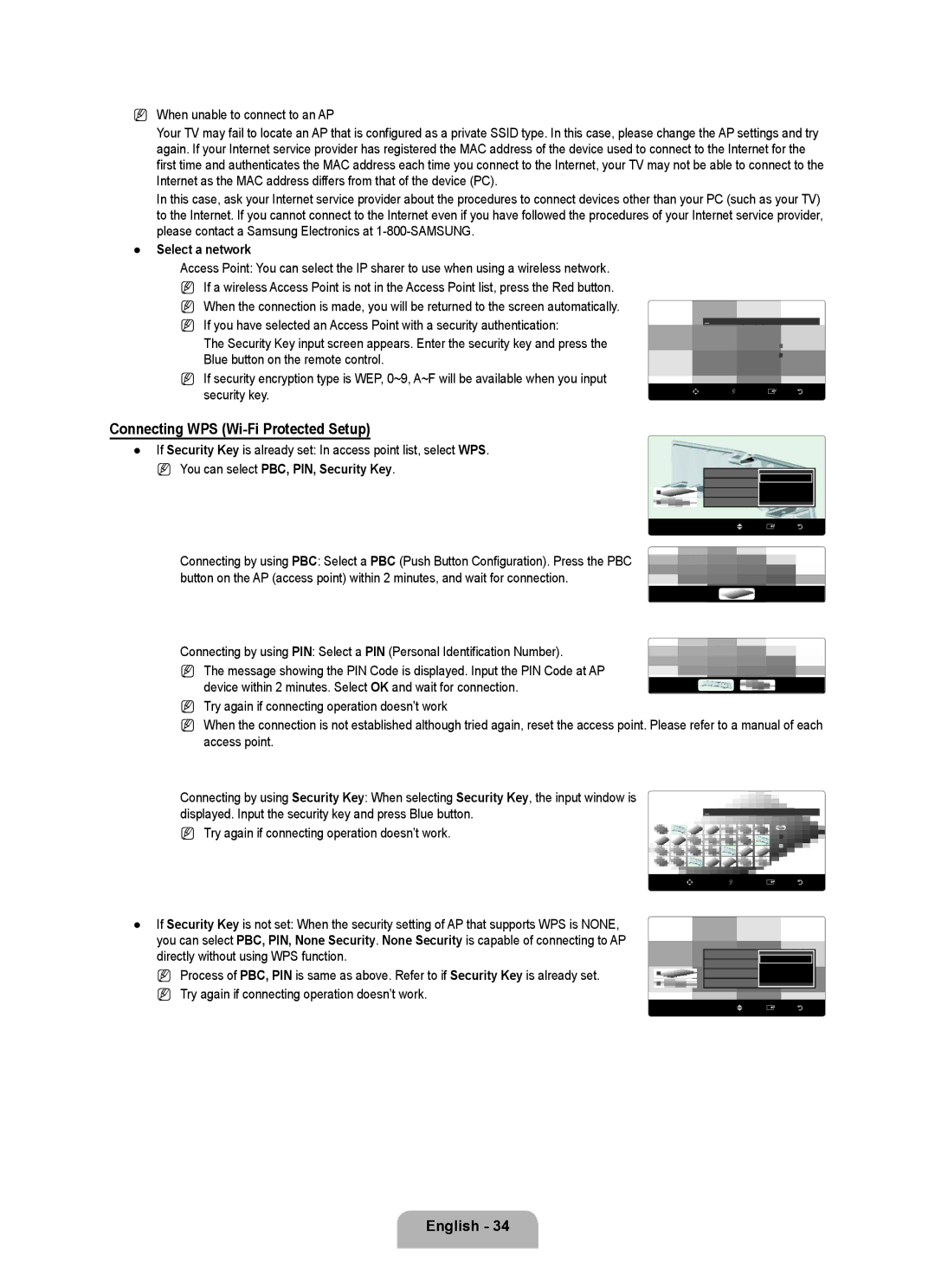 Samsung LN6B60 user manual Connecting WPS Wi-Fi Protected Setup, When unable to connect to an AP, Select a network 