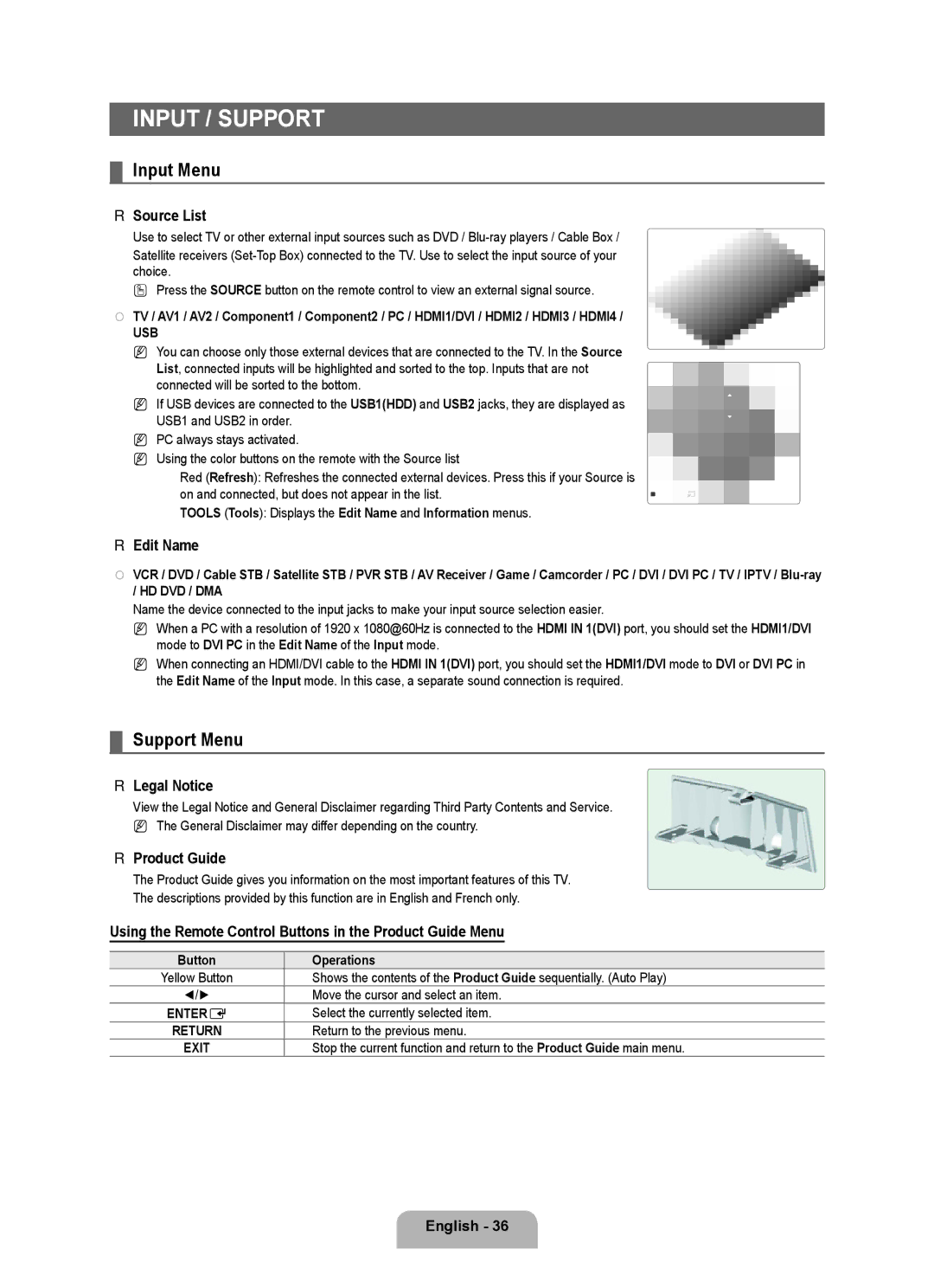 Samsung LN6B60 user manual Input / Support, Input Menu, Support Menu 