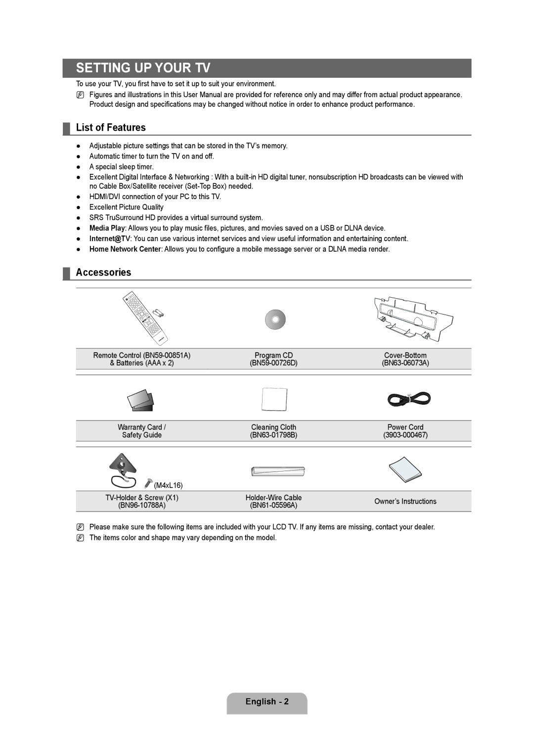 Samsung LN6B60 user manual Setting up Your TV, List of Features, Accessories 