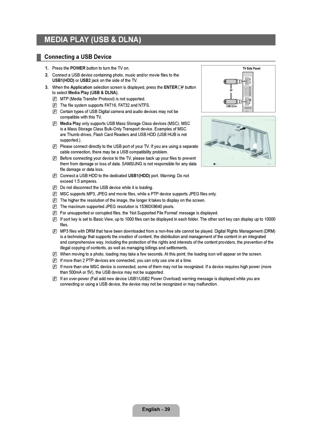 Samsung LN6B60 user manual Media Play USB & Dlna, Connecting a USB Device, Press the Power button to turn the TV on 