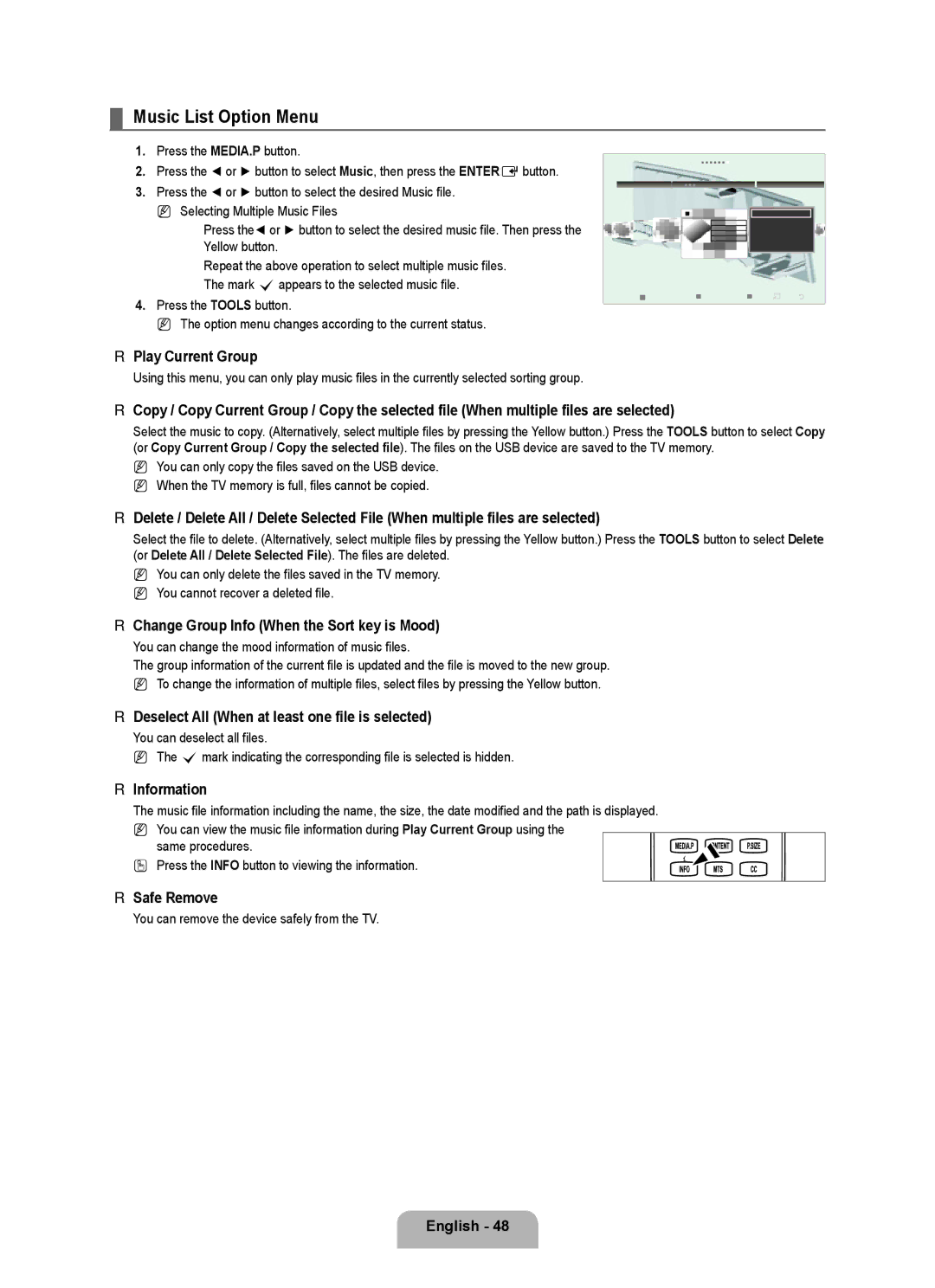 Samsung LN6B60 user manual Music List Option Menu, Change Group Info When the Sort key is Mood 