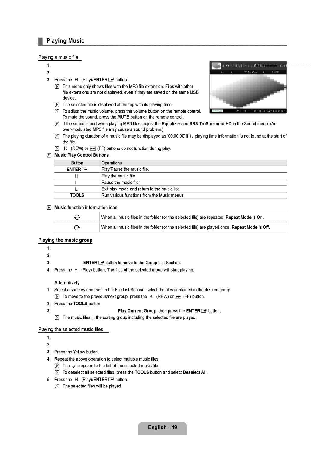 Samsung LN6B60 Playing Music, Playing a music file, Playing the music group, Playing the selected music files, Tools 