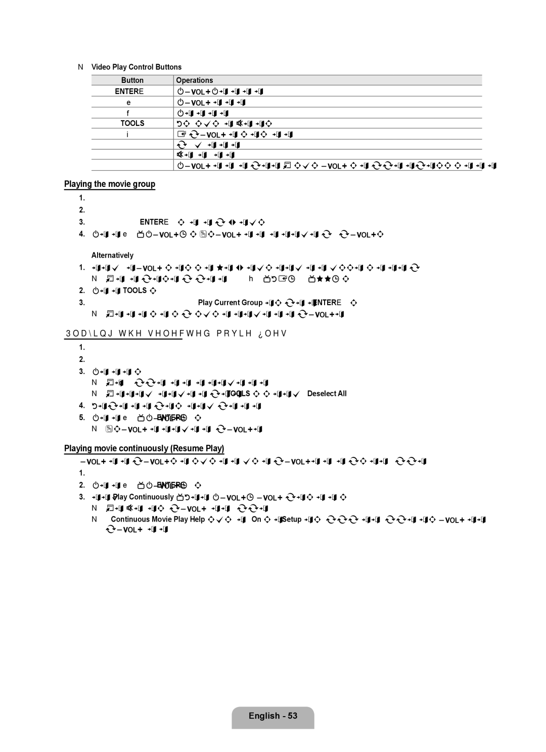 Samsung LN6B60 Playing the movie group, Playing the selected movie files, Playing movie continuously Resume Play 