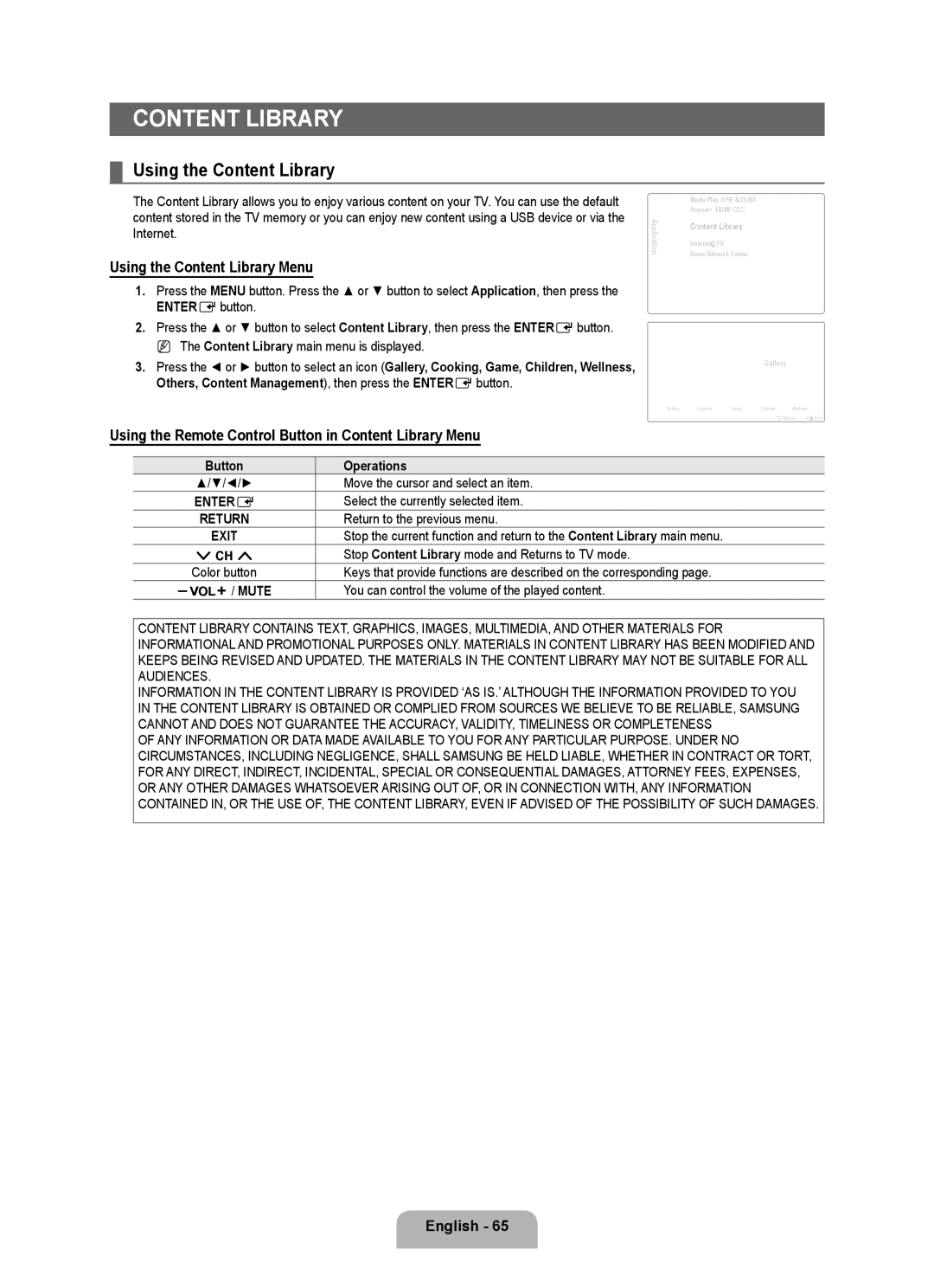 Samsung LN6B60 Using the Content Library Menu, Using the Remote Control Button in Content Library Menu, English 6 