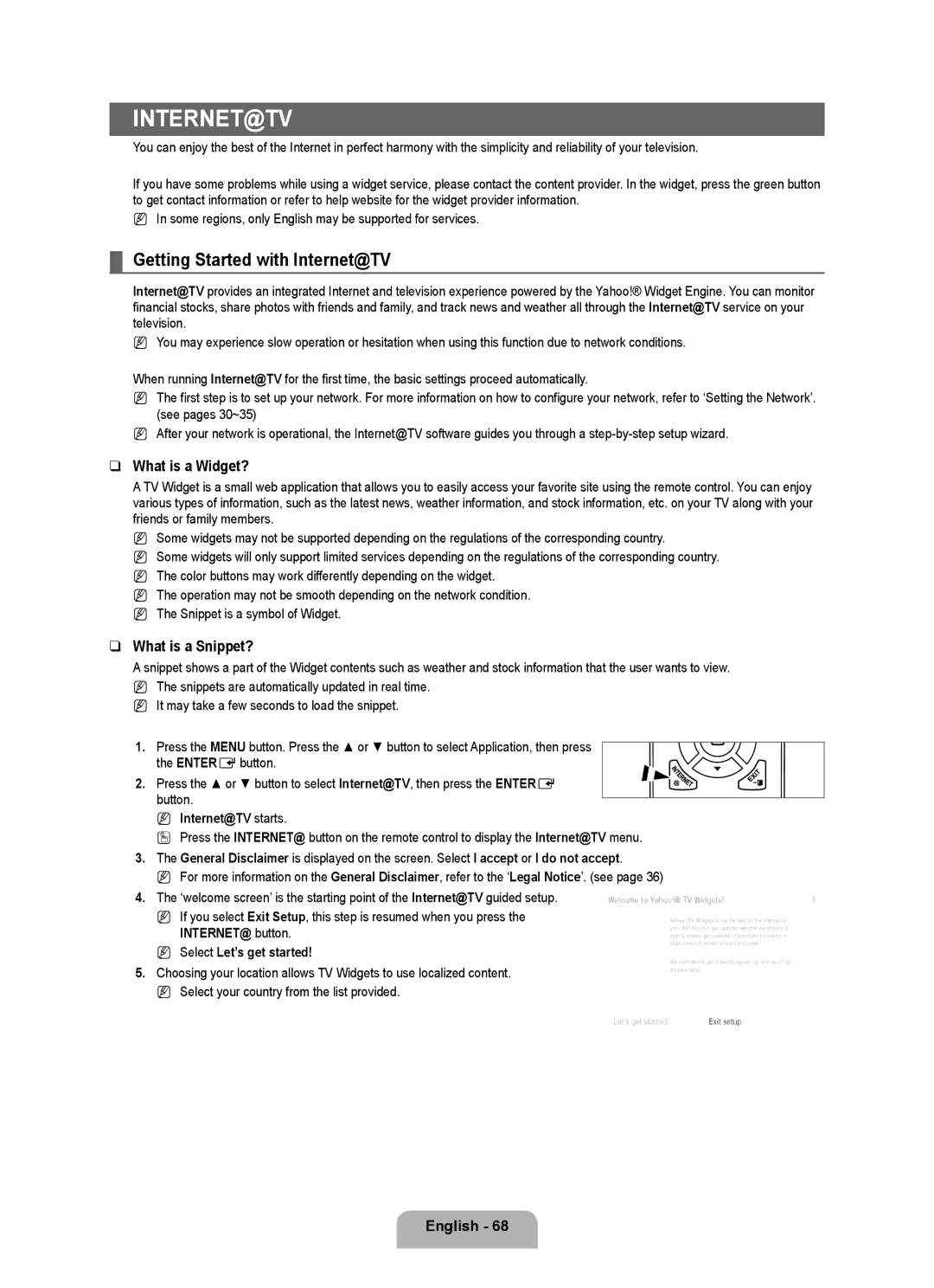 Samsung LN6B60 user manual Getting Started with Internet@TV, What is a Widget?, What is a Snippet? 