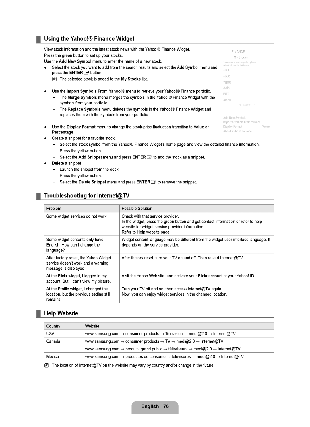 Samsung LN6B60 user manual Using the Yahoo! Finance Widget, Troubleshooting for internet@TV, Help Website 