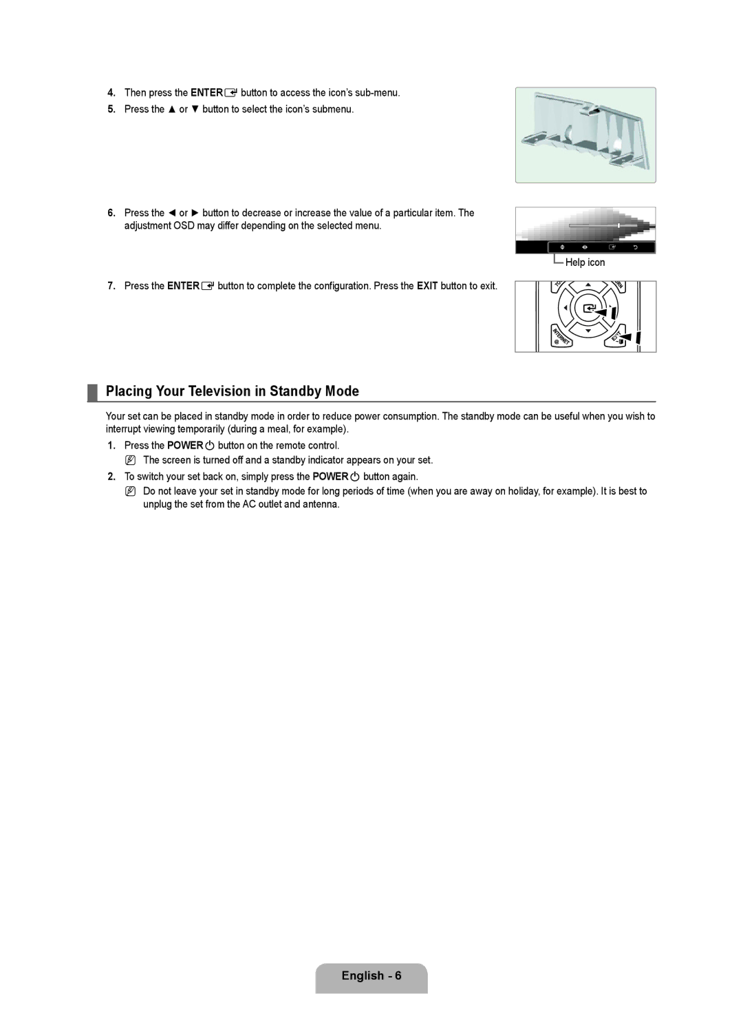 Samsung LN6B60 user manual Placing Your Television in Standby Mode, Help icon, Backlight 