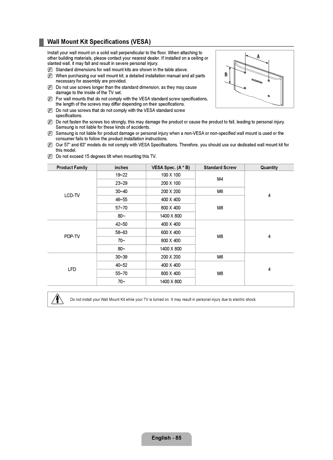 Samsung LN6B60 user manual Wall Mount Kit Specifications Vesa, Lfd 