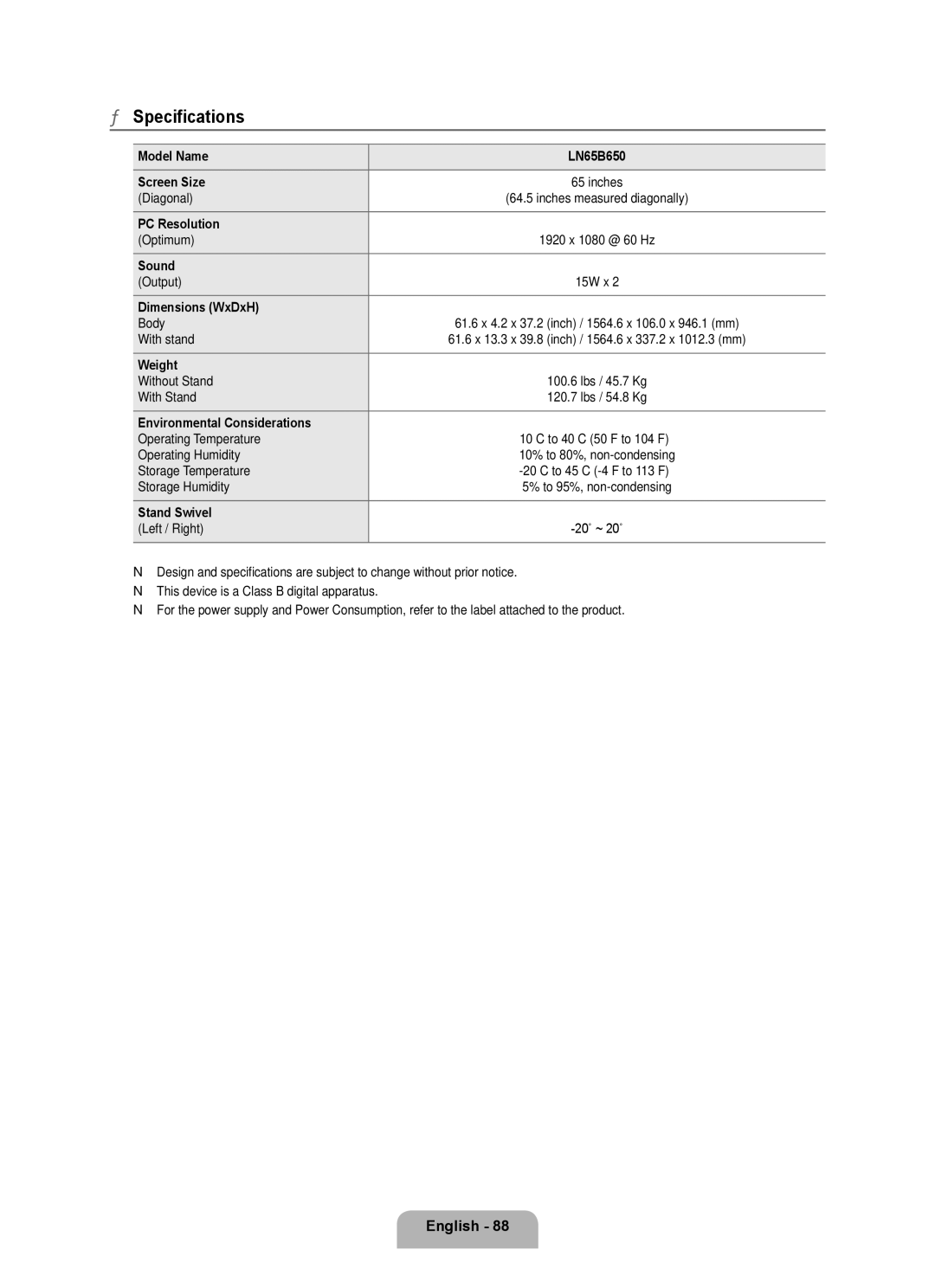 Samsung LN6B60 user manual Specifications 