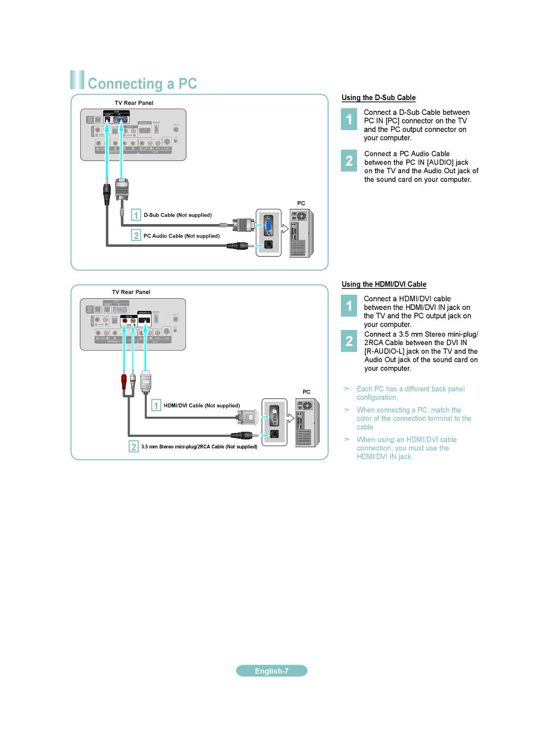 Samsung LN22A450CD, LN9A450CD, LN9A45CD, LN22A45CD manual Connecting a PC, Using the D-Sub Cable, Using the HDMI/DVI Cable 