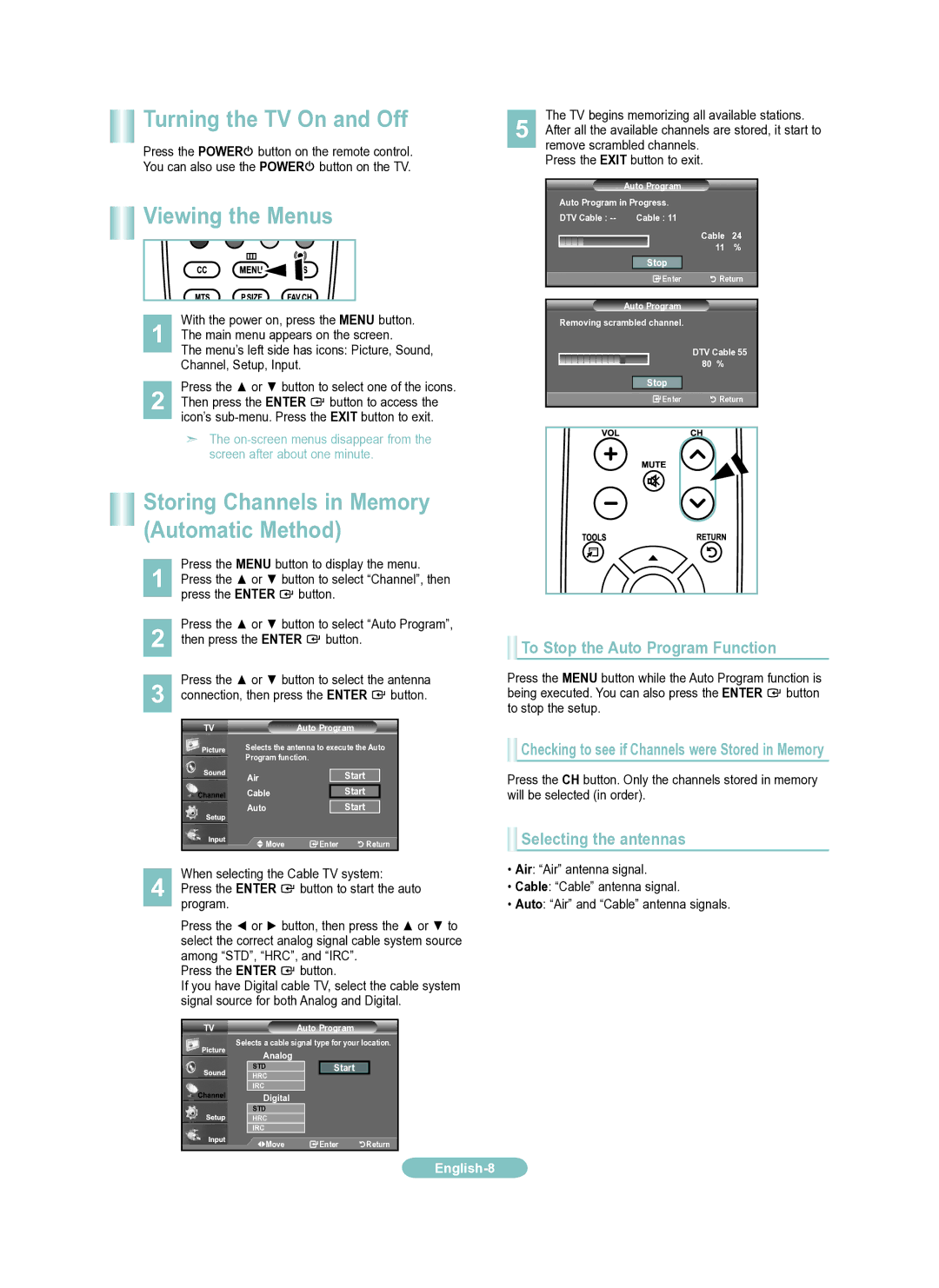 Samsung LN9A650AD, LN22A650AD Turning the TV On and Off, Viewing the Menus, Storing Channels in Memory Automatic Method 