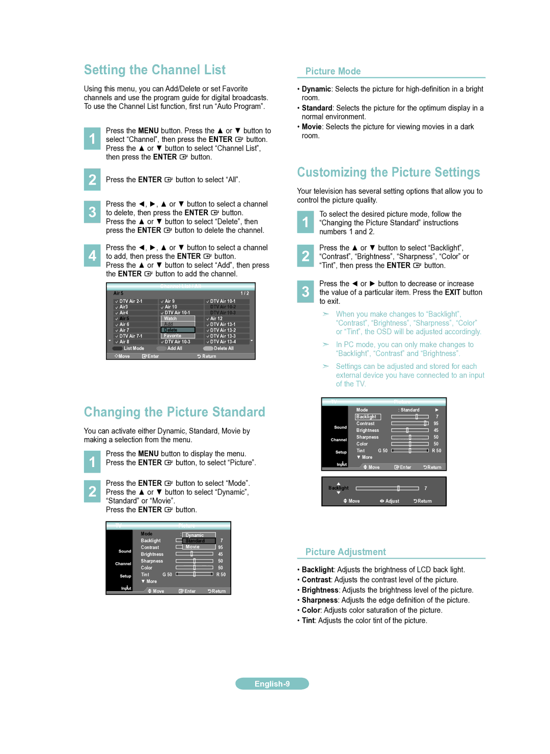 Samsung LN22A650AD Setting the Channel List, Customizing the Picture Settings, Changing the Picture Standard, Picture Mode 