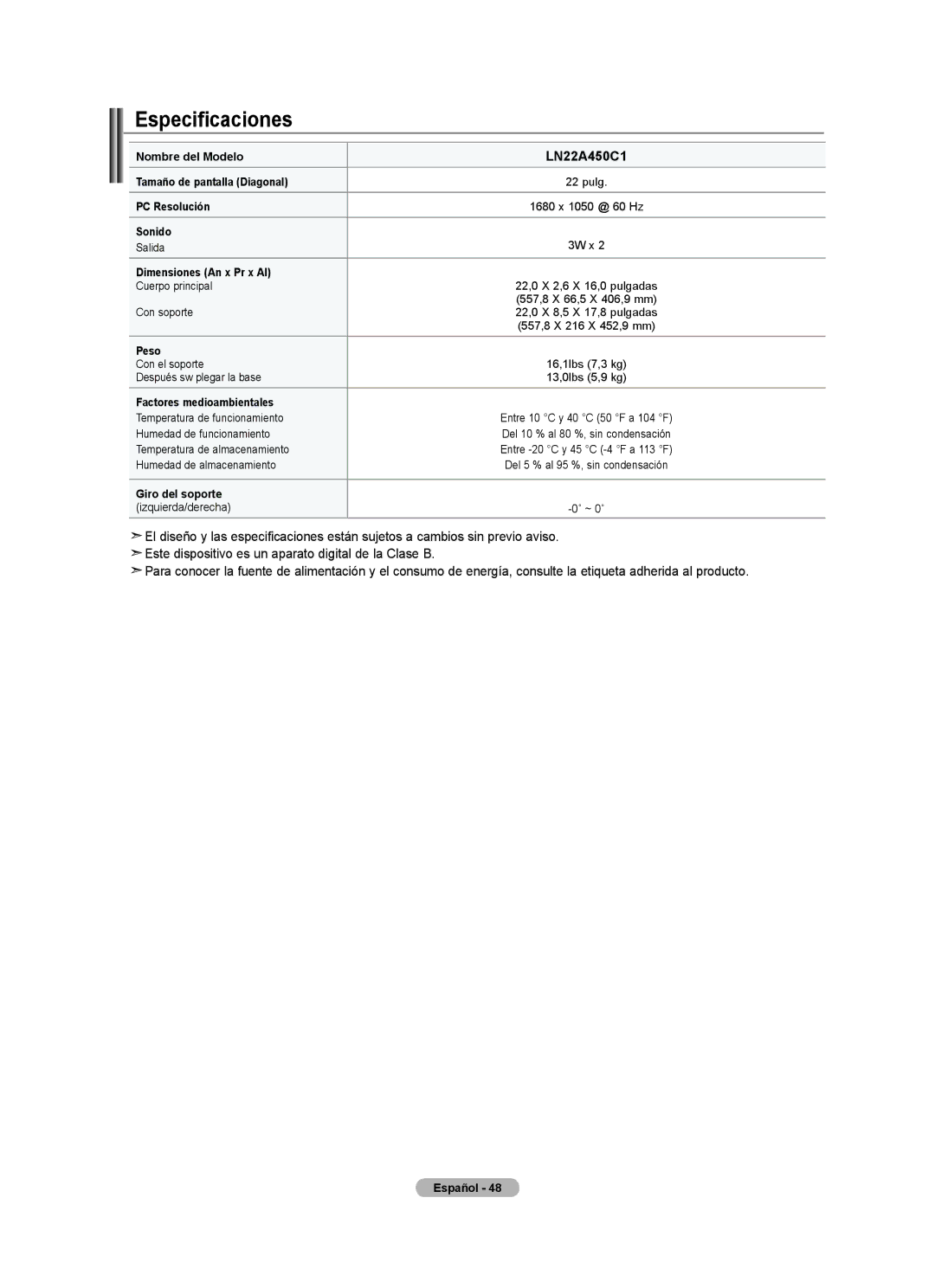 Samsung LN22A450C1, LNA0C, Series L4 user manual Especificaciones, Dimensiones An x Pr x Al 