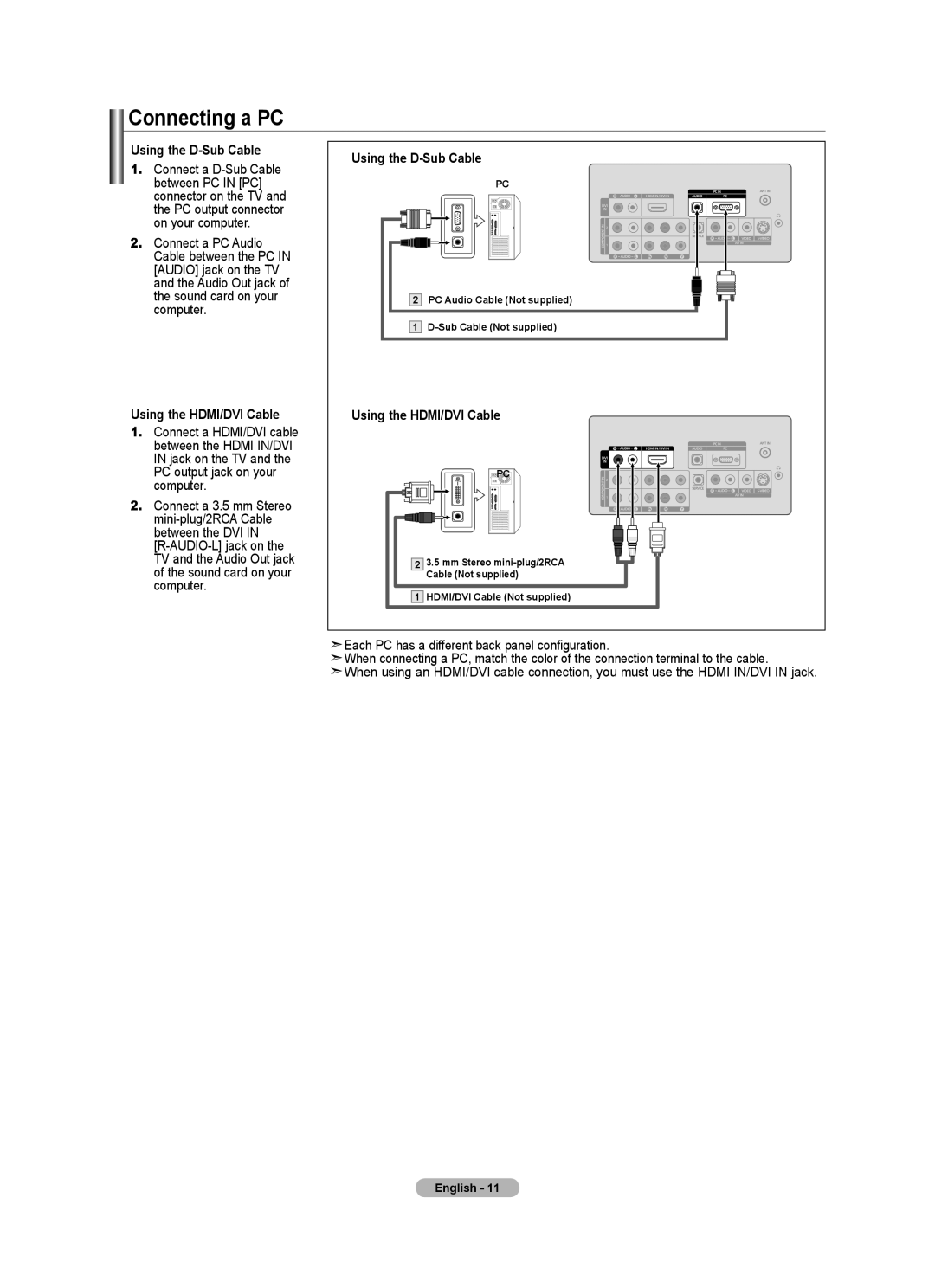 Samsung LN22A450C1, LNA0C, Series L4 user manual Connecting a PC, Using the D-Sub Cable, Using the HDMI/DVI Cable 