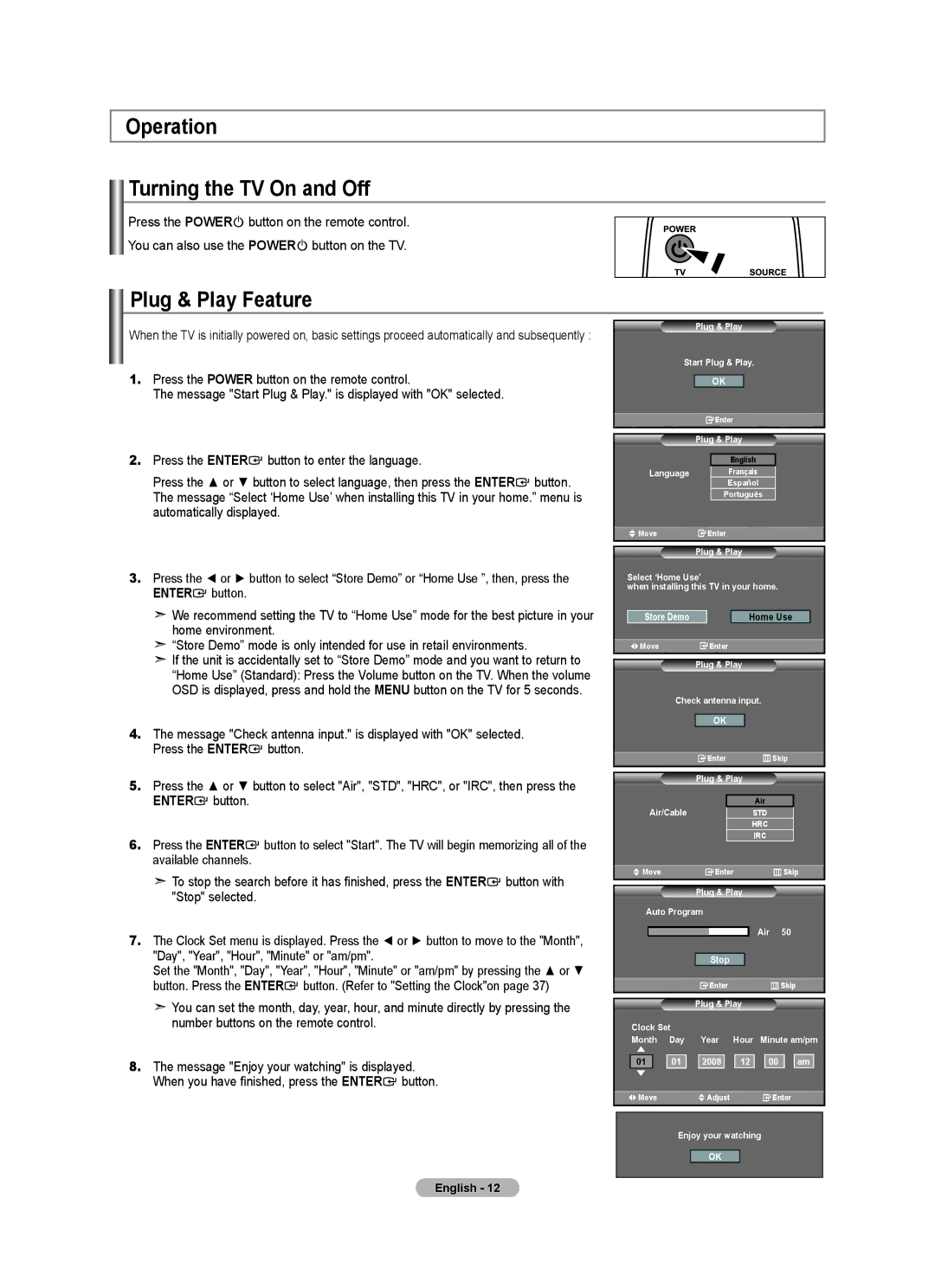 Samsung Series L4, LNA0C Operation Turning the TV On and Off, Plug & Play Feature, Day, Year, Hour, Minute or am/pm 