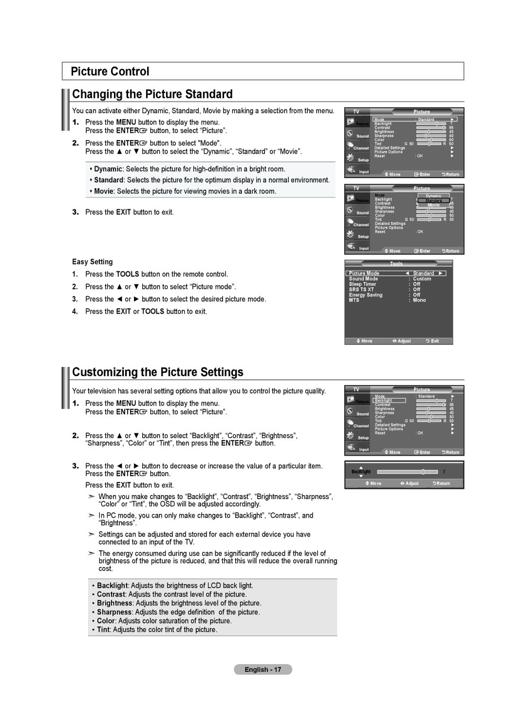 Samsung LN22A450C1, LNA0C Picture Control Changing the Picture Standard, Customizing the Picture Settings, Easy Setting 