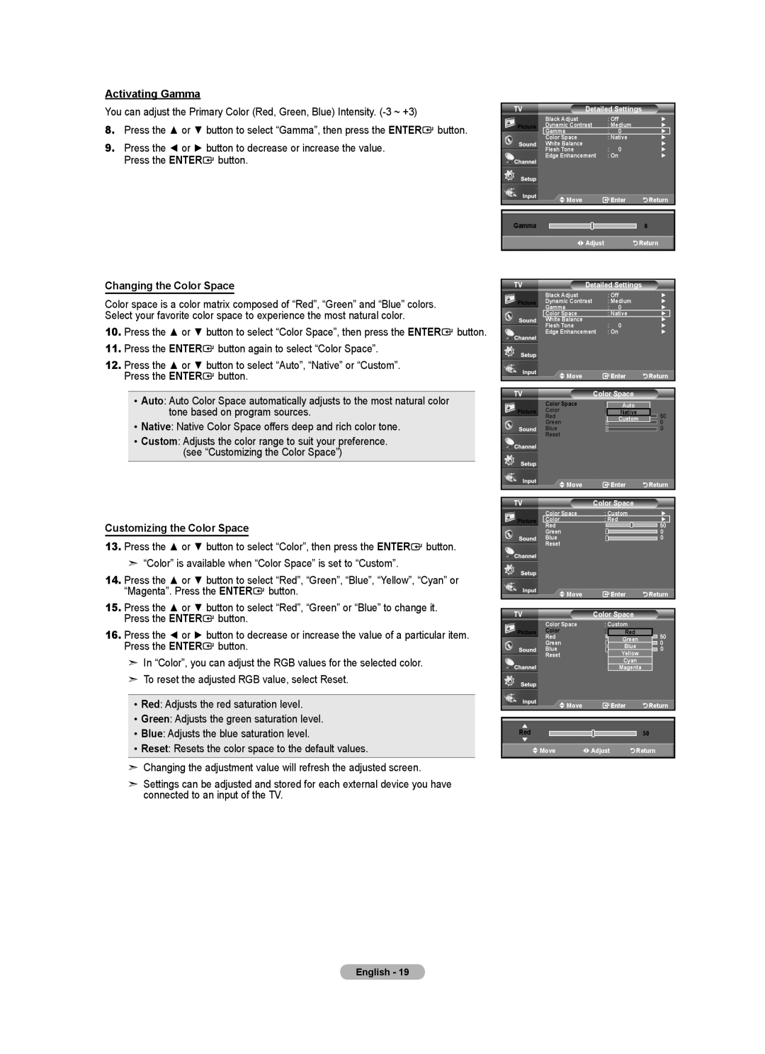 Samsung LNA0C, LN22A450C1, Series L4 user manual Activating Gamma, Changing the Color Space, Customizing the Color Space 