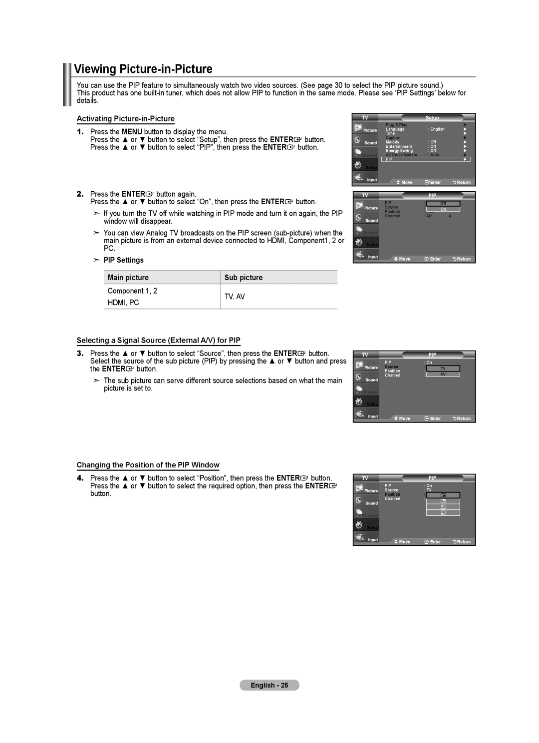 Samsung LNA0C, LN22A450C1 Viewing Picture-in-Picture, Activating Picture-in-Picture, PIP Settings Main picture Sub picture 