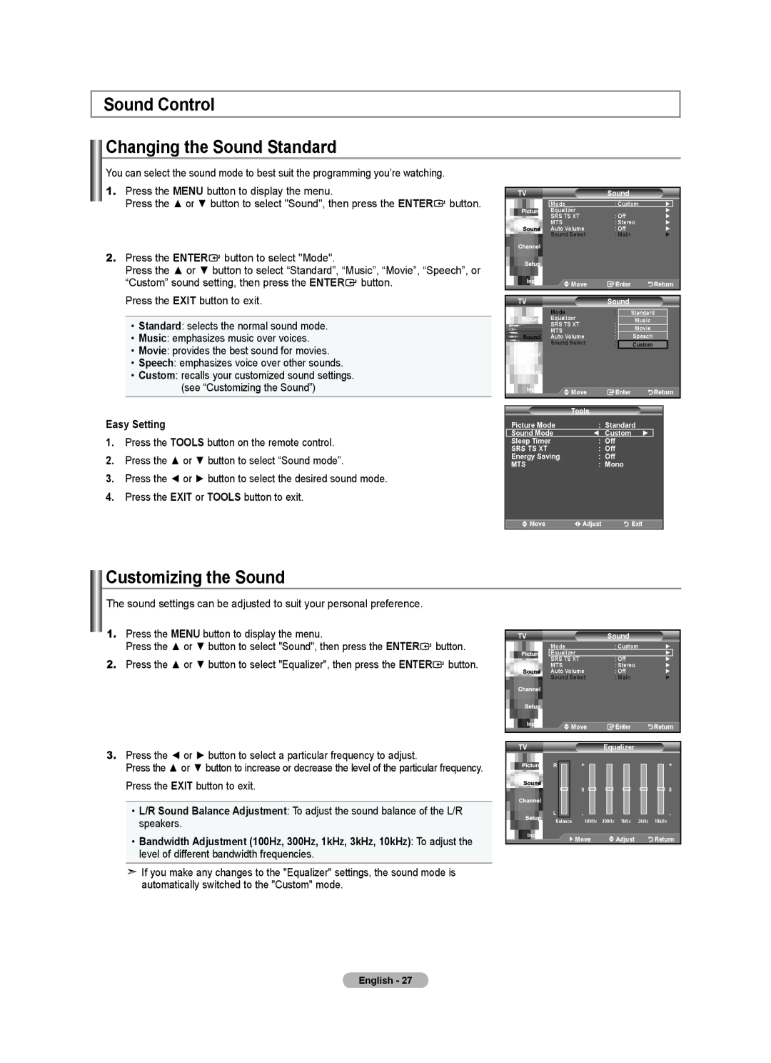 Samsung Series L4, LNA0C, LN22A450C1 user manual Sound Control Changing the Sound Standard, Customizing the Sound 