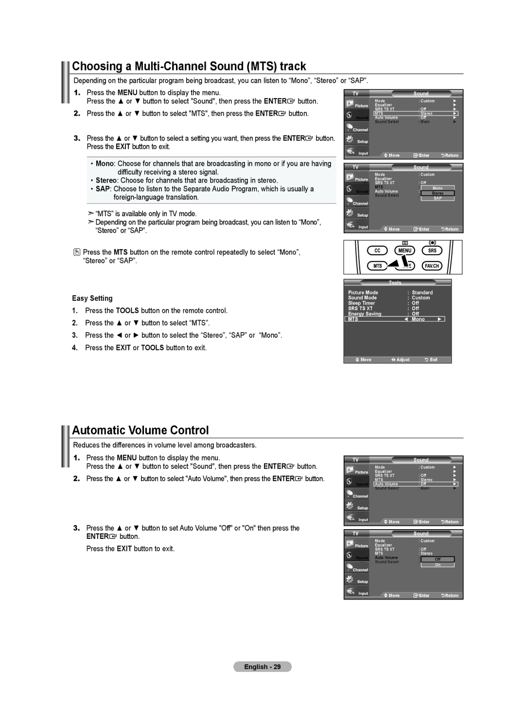 Samsung LN22A450C1, LNA0C, Series L4 user manual Choosing a Multi-Channel Sound MTS track, Automatic Volume Control 