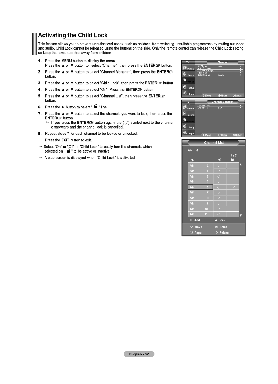 Samsung LN22A450C1, LNA0C, Series L4 user manual Activating the Child Lock 